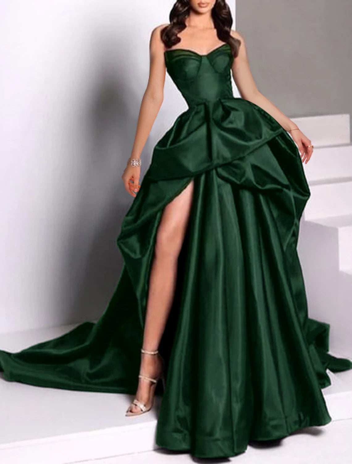 A-Line Evening Gown Black Dress Plus Size Dress Carnival Masquerade Court Train Sleeveless Strapless Wednesday Addams Family Satin with Slit Pure Color Prom