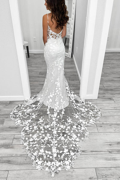 V-Neck Spaghetti Straps Illusion Lace Applique With Lace Train Wedding Dress