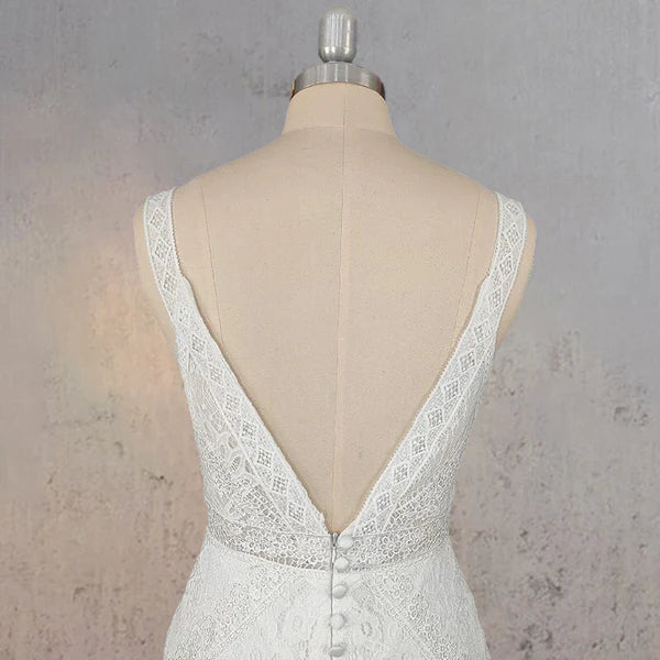 Mermaid White V Neck Illusion Wedding Dress