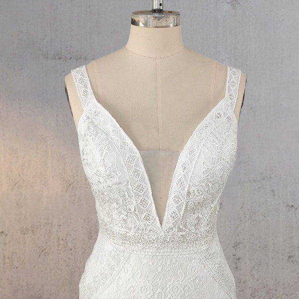 Mermaid White V Neck Illusion Wedding Dress