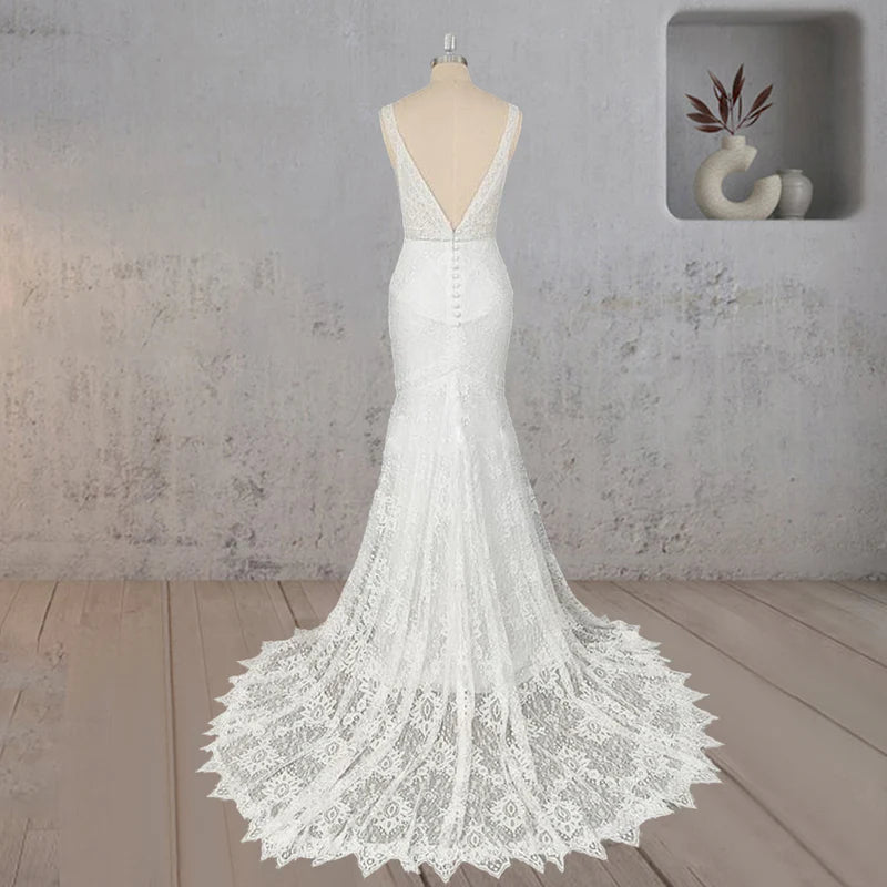 Mermaid White V Neck Illusion Wedding Dress
