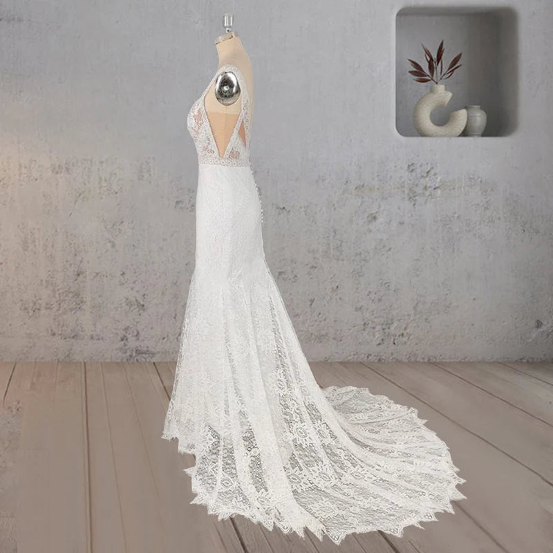 Mermaid White V Neck Illusion Wedding Dress