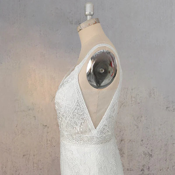 Mermaid White V Neck Illusion Wedding Dress