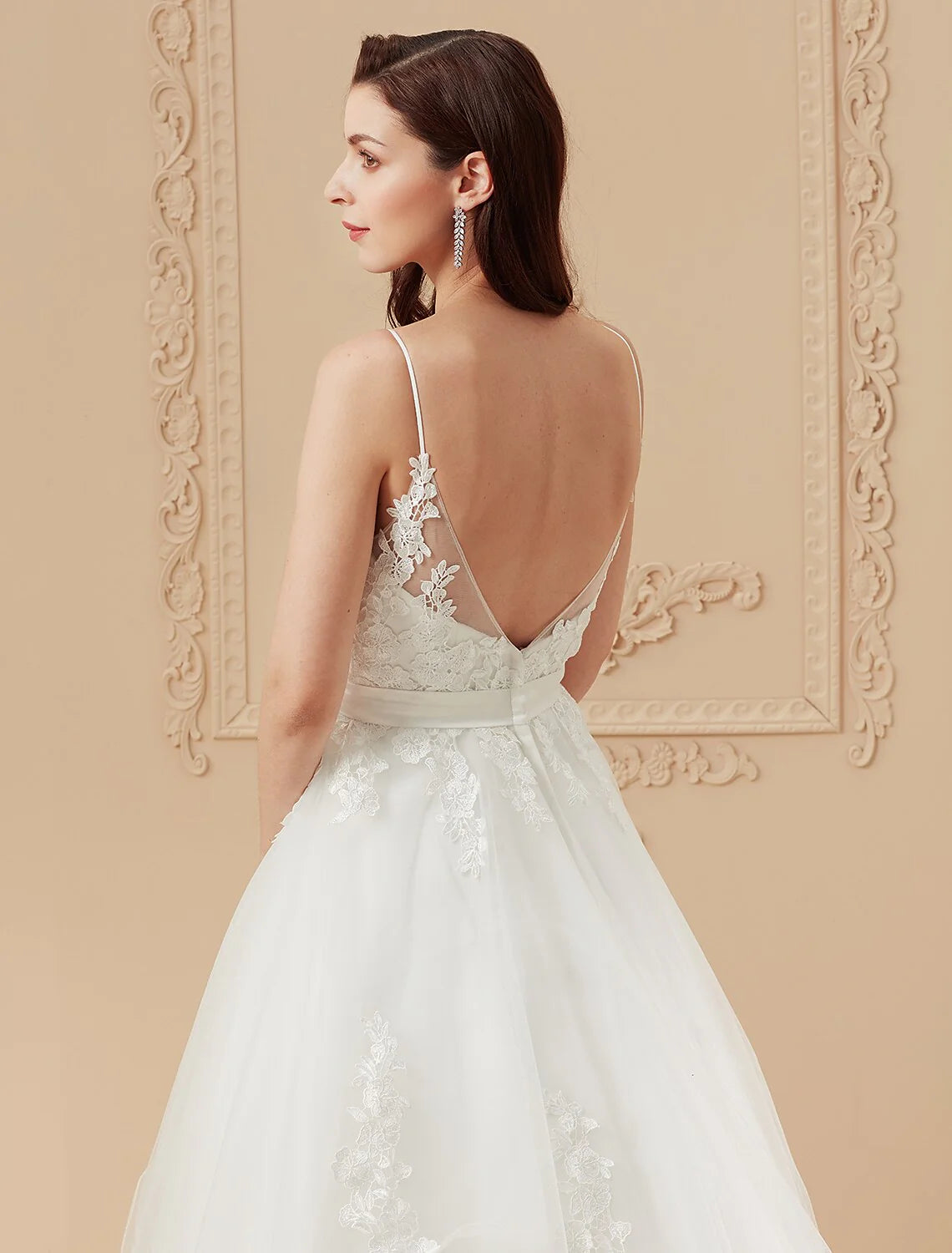 DingjiBall Gown Wedding Dresses V Neck Sweep / Brush Train Satin Tulle Over Lace Spaghetti Strap Romantic Illusion Detail Backless with Ruffles Appliques