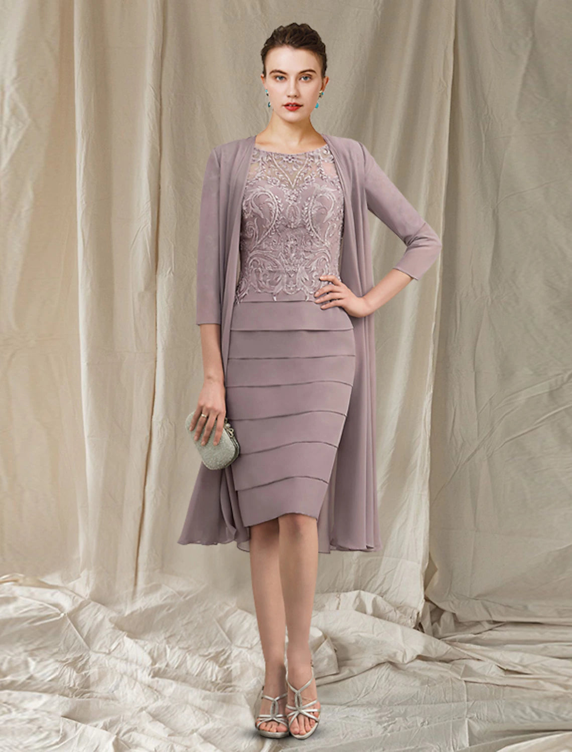 Two Piece Sheath / Column Mother of the Bride Dress Church Elegant Jewel Neck Knee Length Chiffon Lace Half Sleeve Jacket Dresses with Appliques