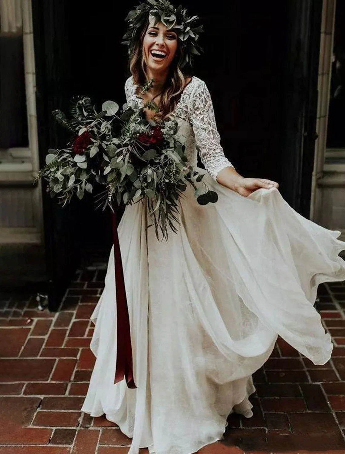 Boho Wedding Dresses Ball Gown V Neck 3/4 Length Sleeve Sweep / Brush Train Chiffon Bridal Suits Bridal Gowns With Pleats 2023 Summer Wedding Party
