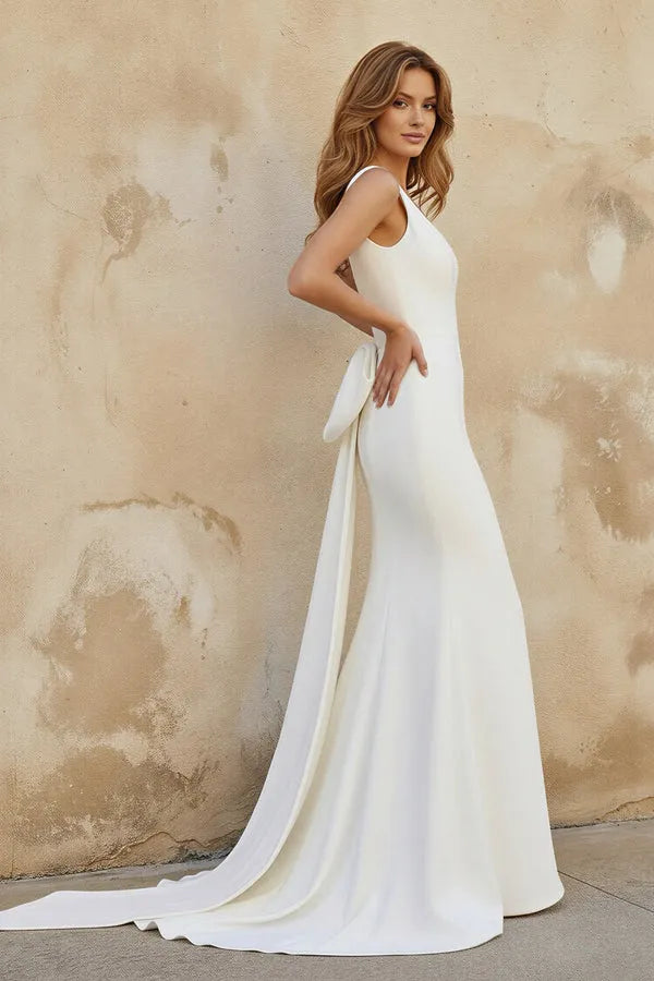 Sleeveless Low Back Crepe Mermaid Wedding Dress with Large Bow