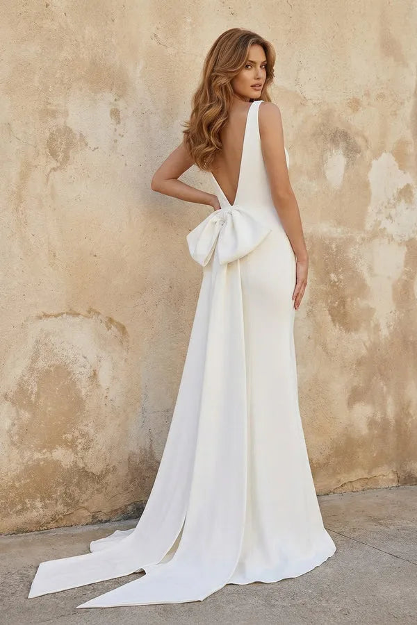 Sleeveless Low Back Crepe Mermaid Wedding Dress with Large Bow
