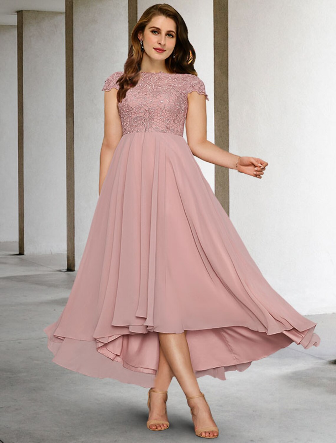 A-Line Plus Size Curve Mother of the Bride Dresses Elegant Dress Formal Asymmetrical Short Sleeve Jewel Neck Chiffon with Pleats Appliques