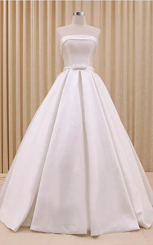 A-Line Corset Strapless Floor Length Wedding Dress with Delicate Bow Belt