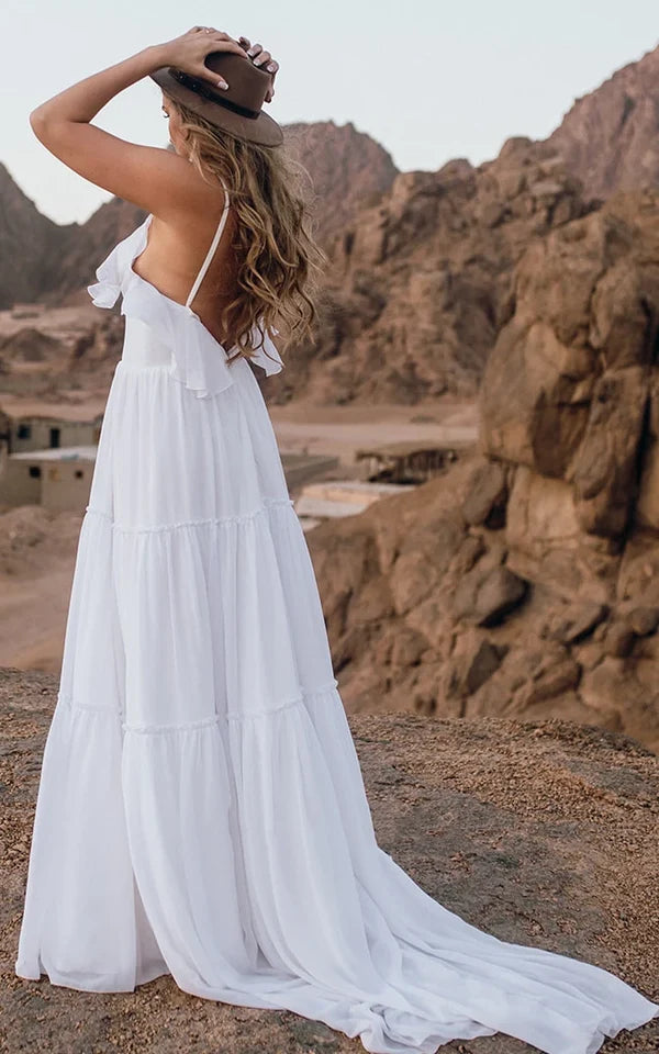 Chiffon Spaghetti A Line Sleeveless Wedding Dress with Ruffles and Open Back