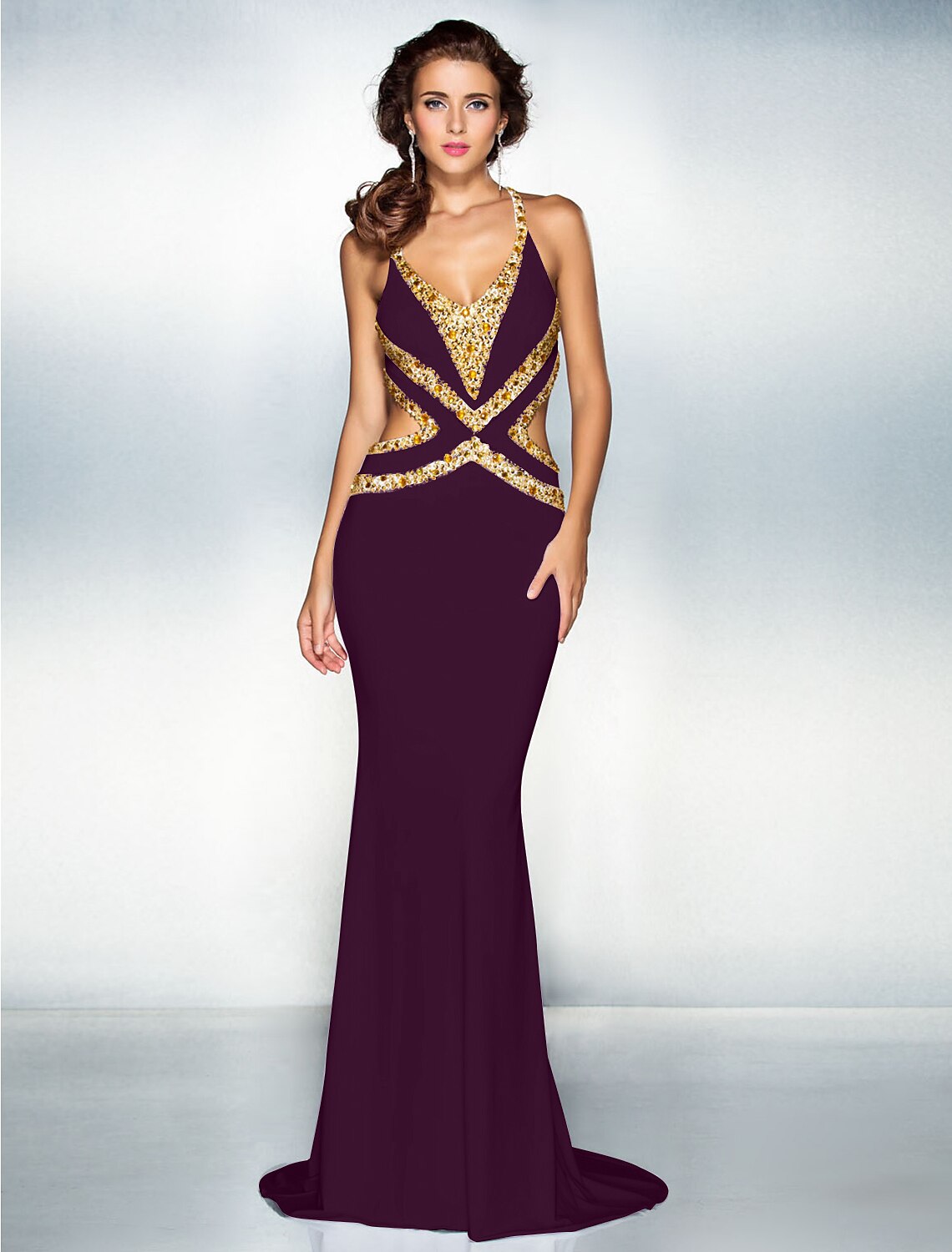 Mermaid / Trumpet Sparkle Dress Wedding Guest Engagement Sweep / Brush Train Sleeveless V Neck Jersey Crisscross Back with Crystals