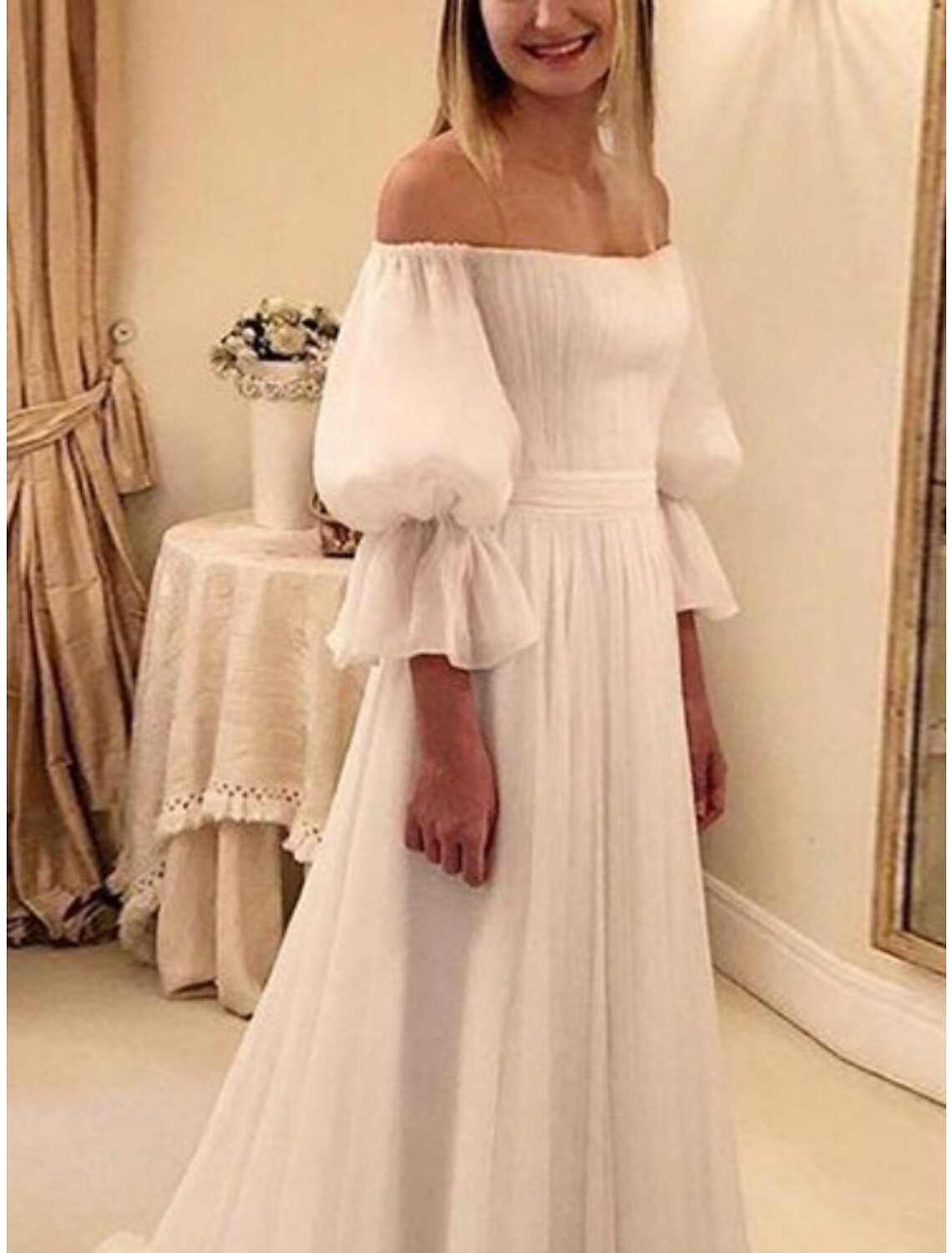 Beach Casual Wedding Dresses Sheath / Column Off Shoulder 3/4 Length Sleeve Court Train Chiffon Bridal Gowns With Pleats