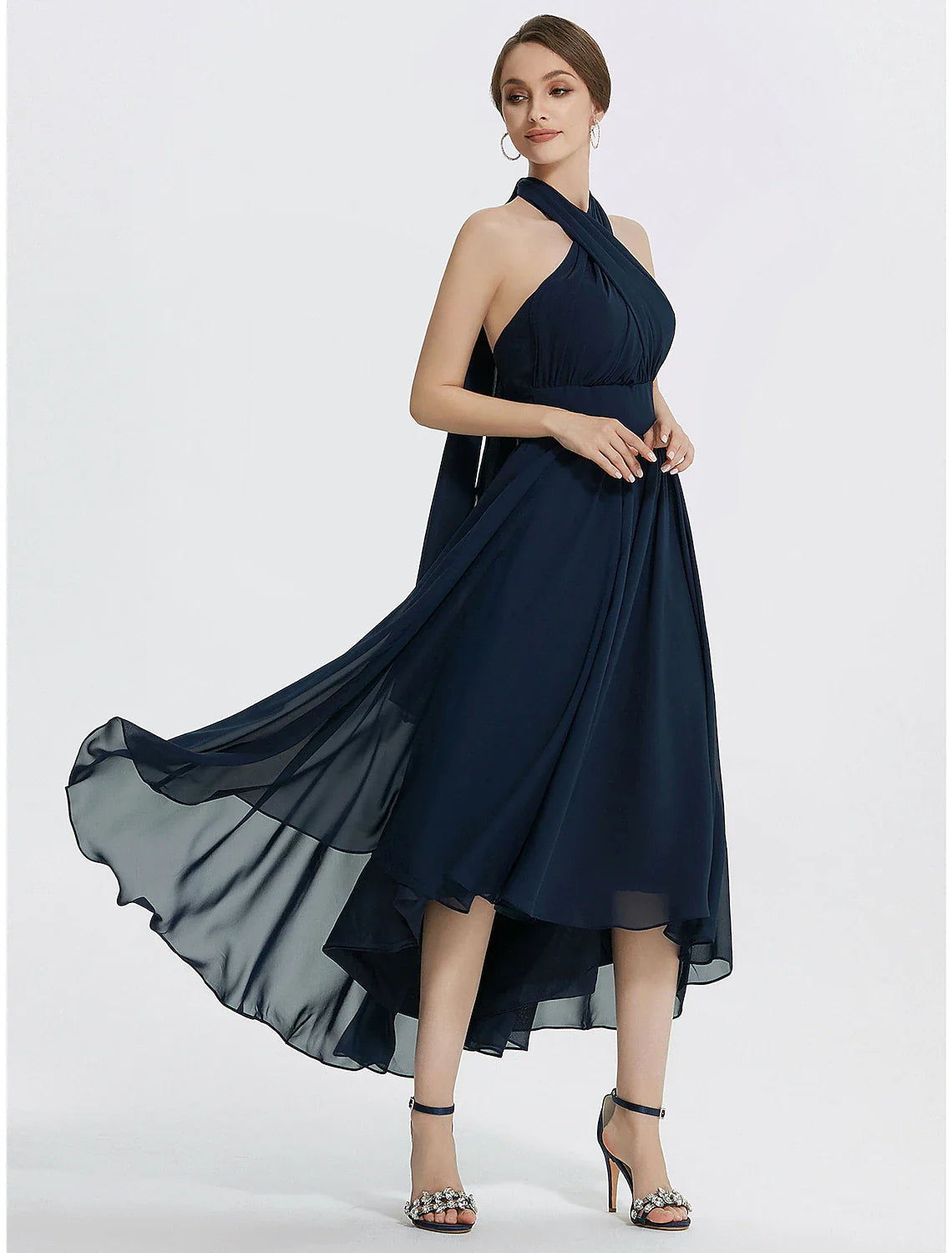 DingjiA-Line Cocktail Dresses Elegant Dress Wedding Guest Tea Length Short Sleeve Off Shoulder Convertible Chiffon with Ruched