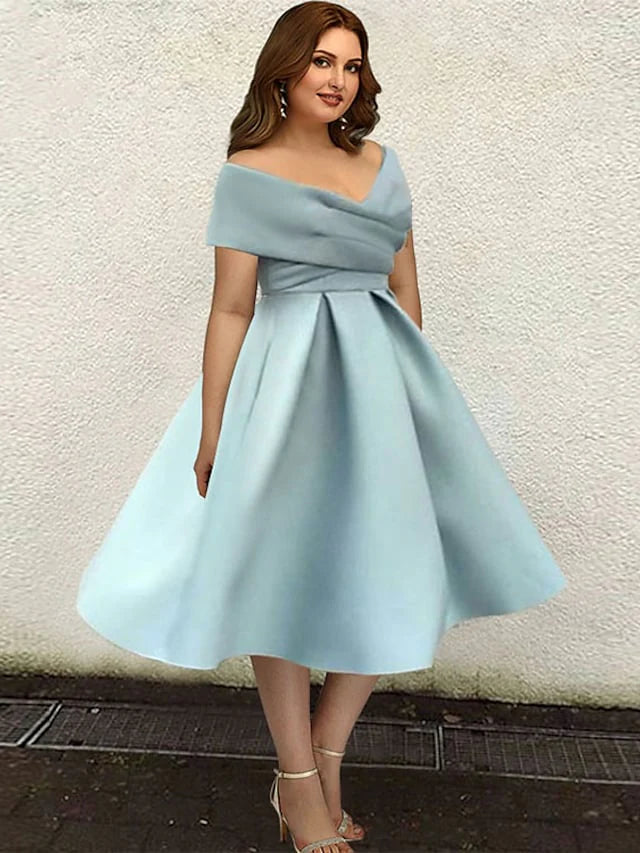 DingjiA-Line Cocktail Dresses Plus Size Dress Wedding Guest Tea Length Short Sleeve V Neck Satin with Sleek Pleats Pure Color