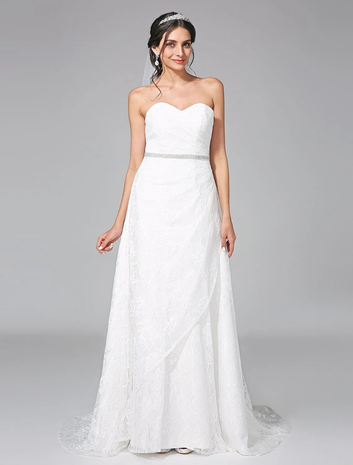 DingjiWedding Dresses A-Line Sweetheart Sleeveless Sweep / Brush Train Lace Bridal Gowns With Sash / Ribbon Side-Draped