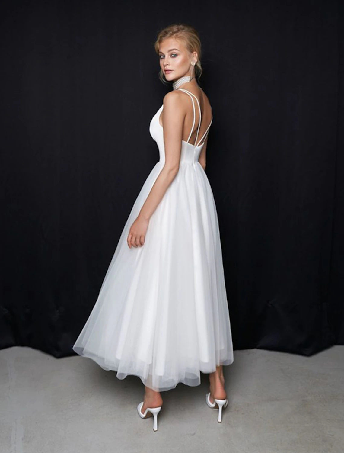 Reception Little White Dresses Casual Wedding Dresses A-Line Camisole V Neck Spaghetti Strap Ankle Length Tulle Bridal Gowns With Solid Color 2023 Summer Wedding Party
