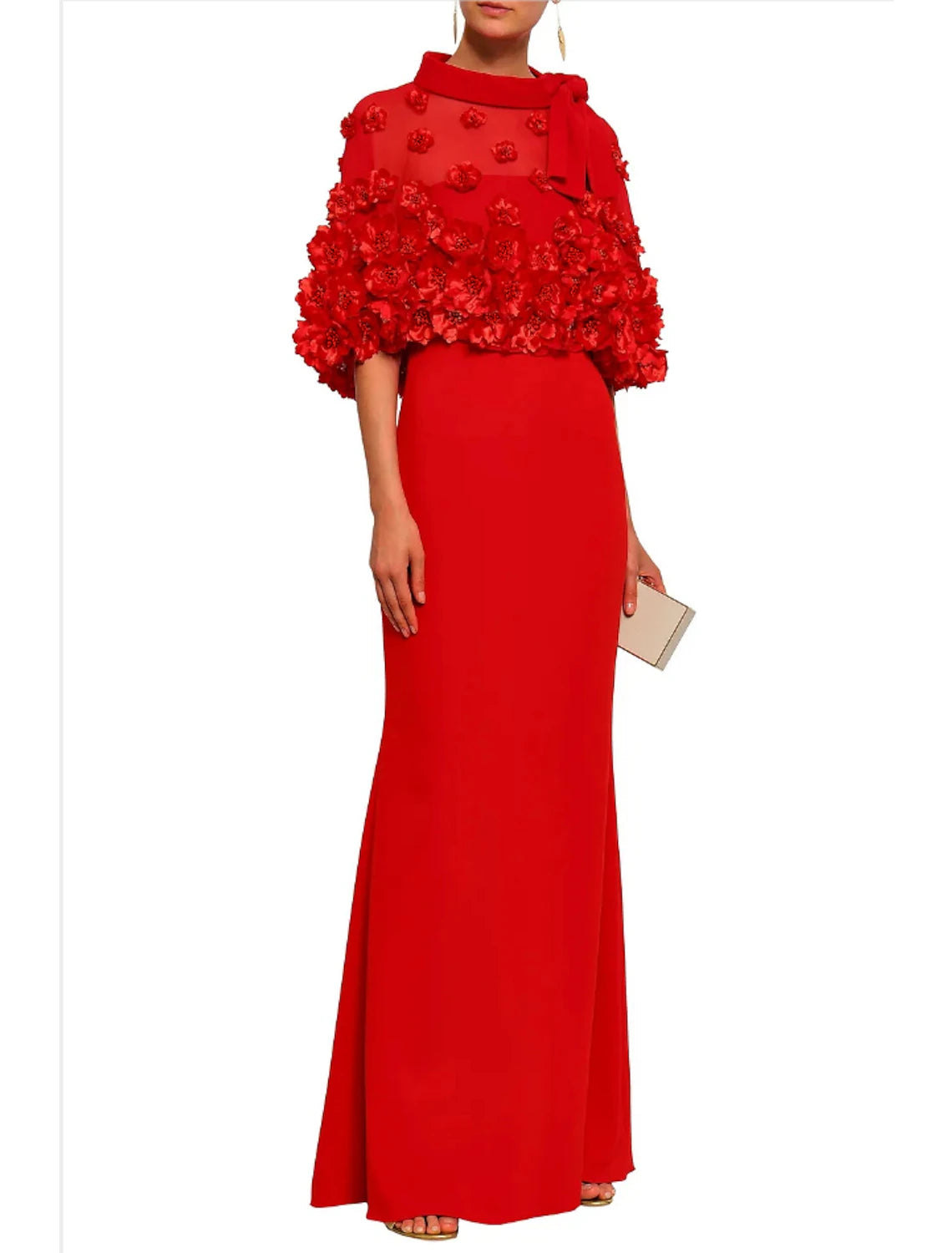 Sheath Red Green Dress Evening Gown Elegant Dress Wedding Guest Formal Evening Floor Length Half Sleeve Jewel Neck Fall Wedding Reception Polyester with Pleats