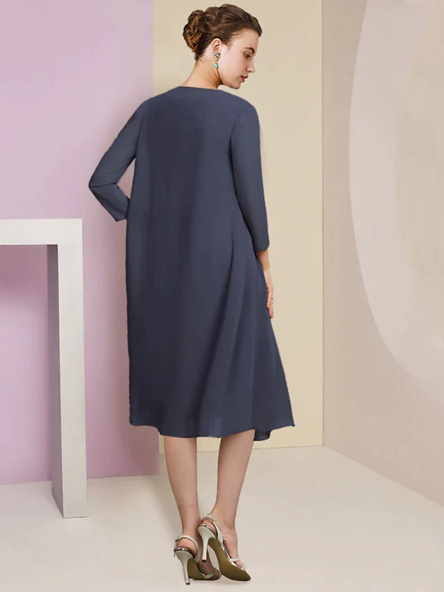 Two Piece Sheath / Column Mother of the Bride Dress Formal Wedding Guest Vintage Elegant Scoop Neck Jewel Neck Knee Length Chiffon Lace Short Sleeve Jacket Dresses with Tier Appliques