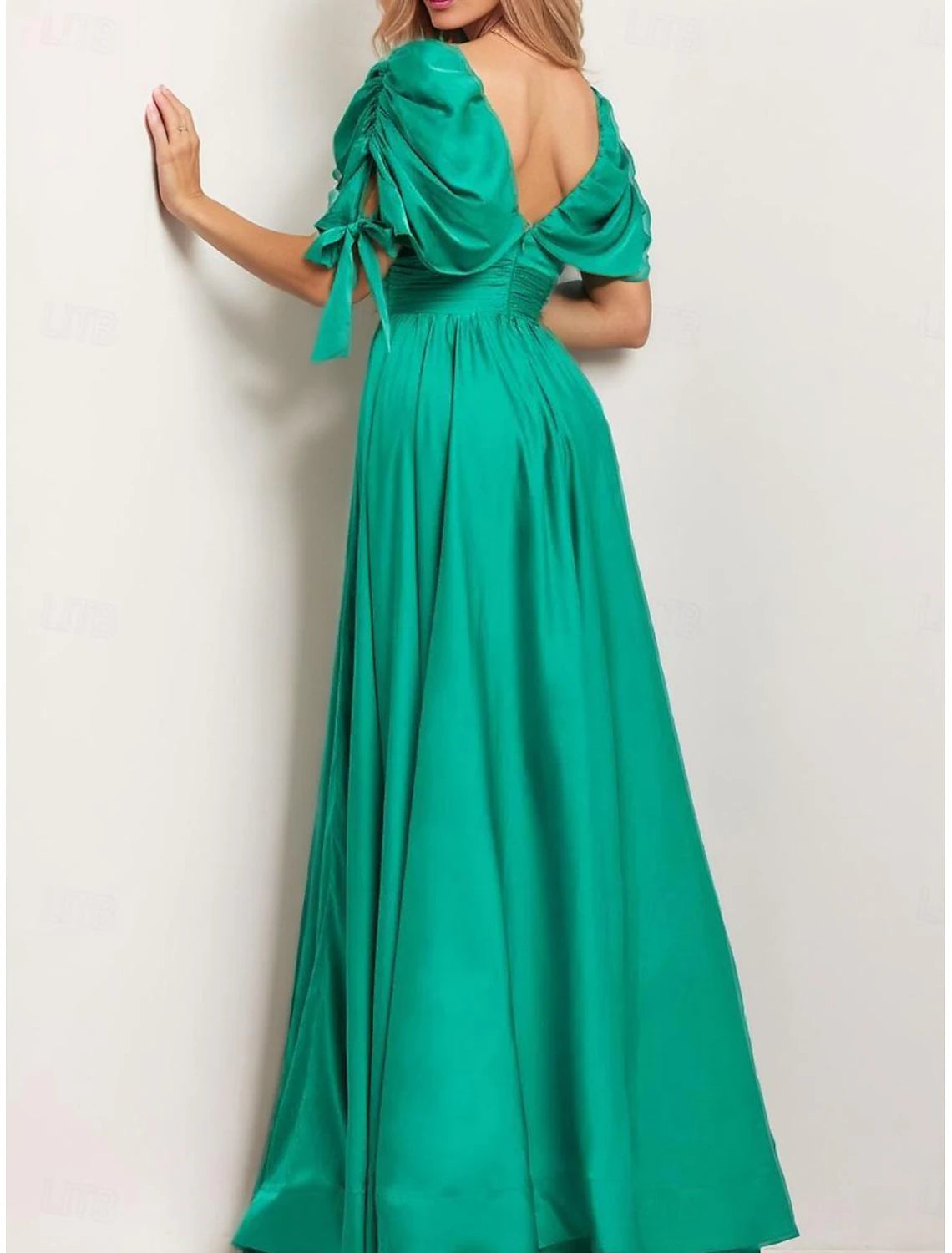 A-Line Evening Gown Elegant Dress Evening Party Prom Floor Length Short Sleeve V Neck Satin with Ruched Shawl