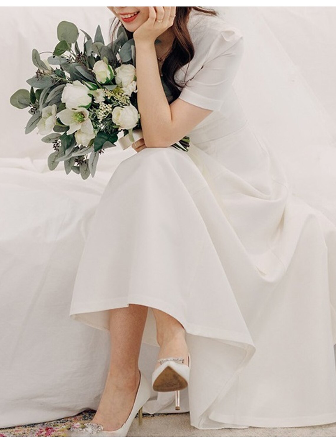 Reception Little White Dresses Wedding Dresses A-Line V Neck Short Sleeve Ankle Length Satin Bridal Gowns With Pleats