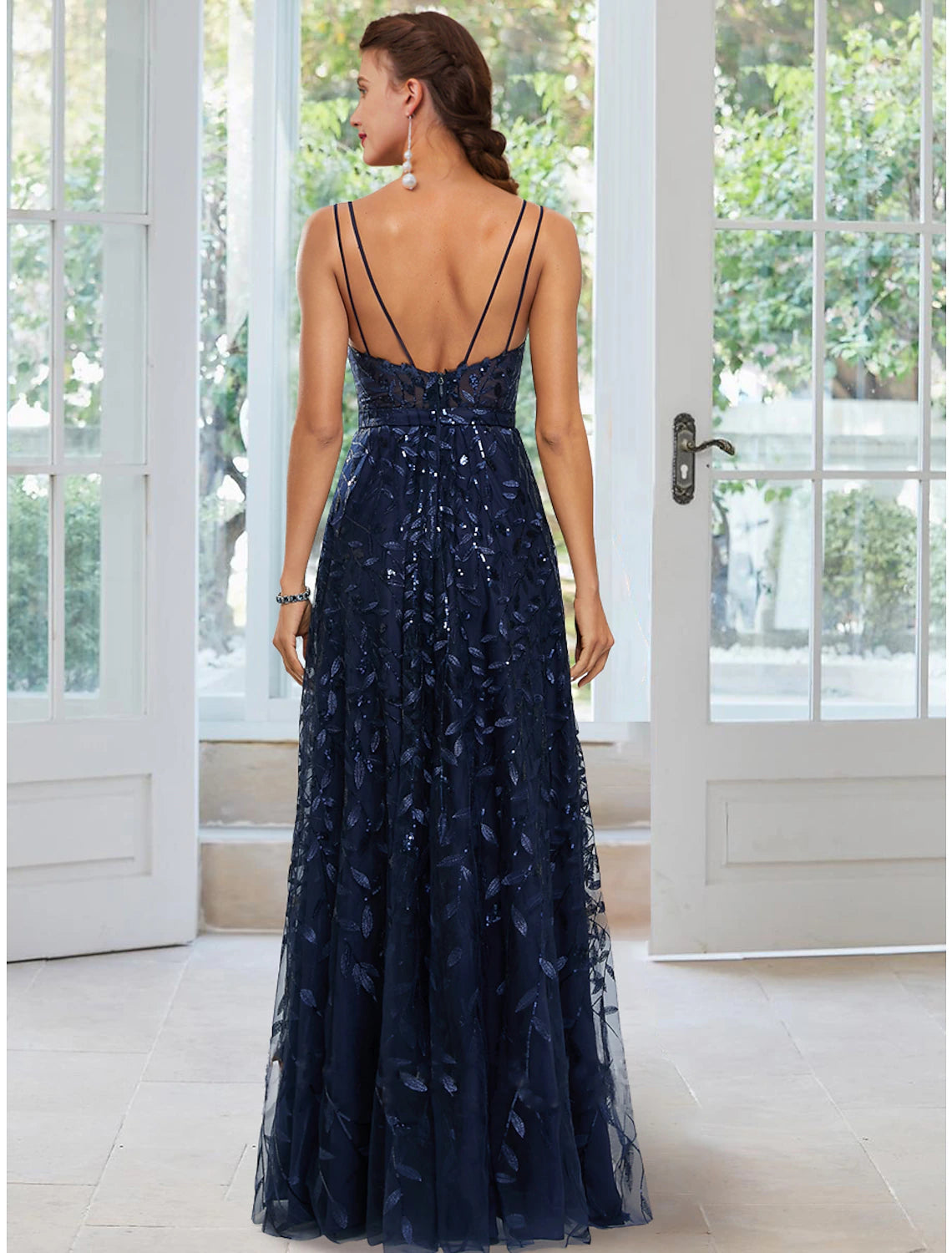 A-Line Evening Gown Floral Dress Formal Floor Length Sleeveless Spaghetti Strap Satin with Slit Applique