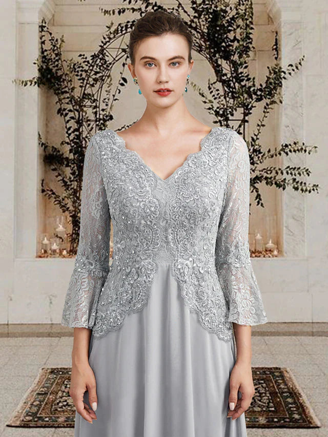 A-Line Mother of the Bride Dress Plus Size Elegant V Neck Floor Length Chiffon Lace 3/4 Length Sleeve with Pleats Sequin Appliques