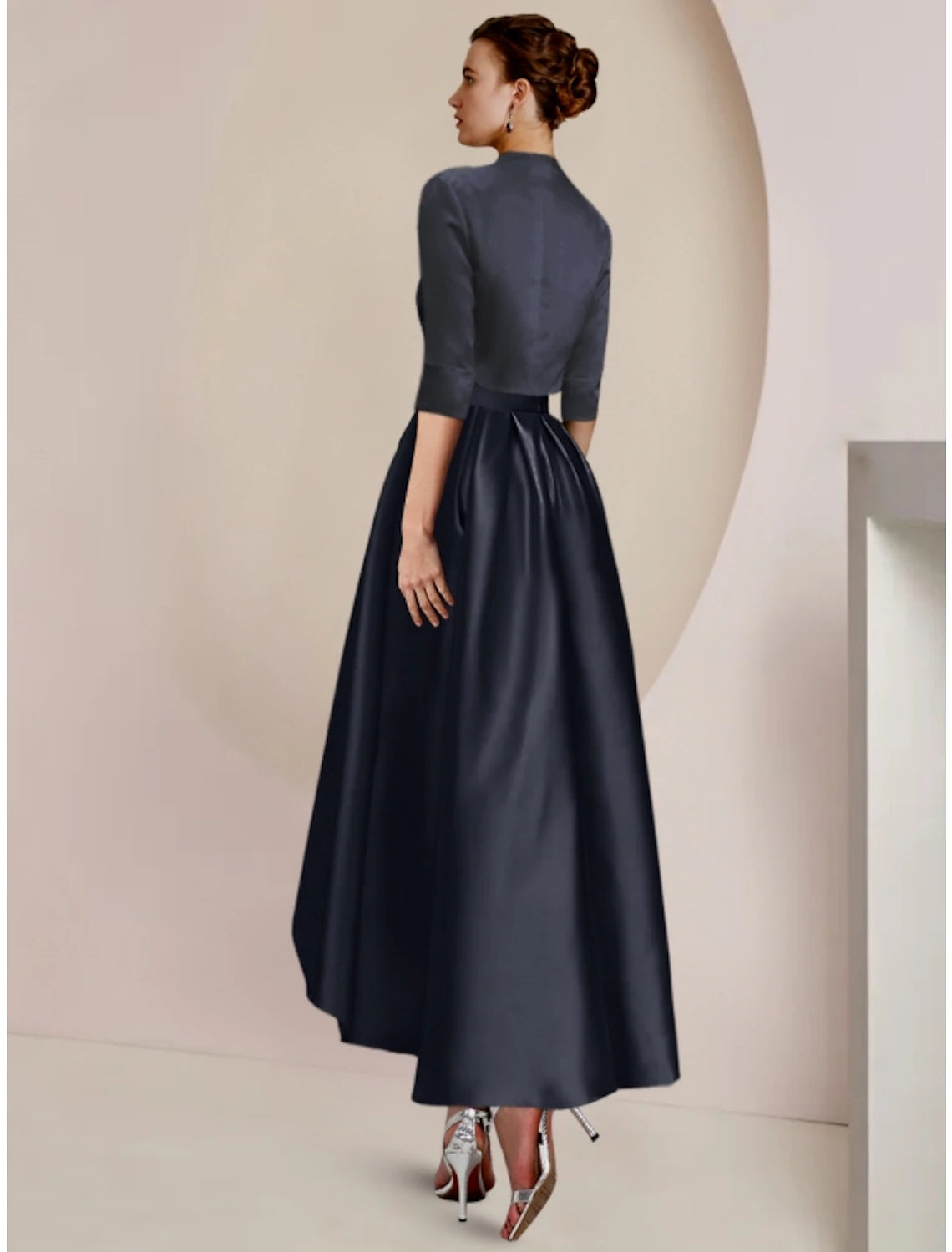 Sheath / Column Mother of the Bride Dress Wedding Guest Minimalist Elegant Scoop Neck Asymmetrical Ankle Length Satin Lace Half Sleeve with Pleats Solid Color 2023