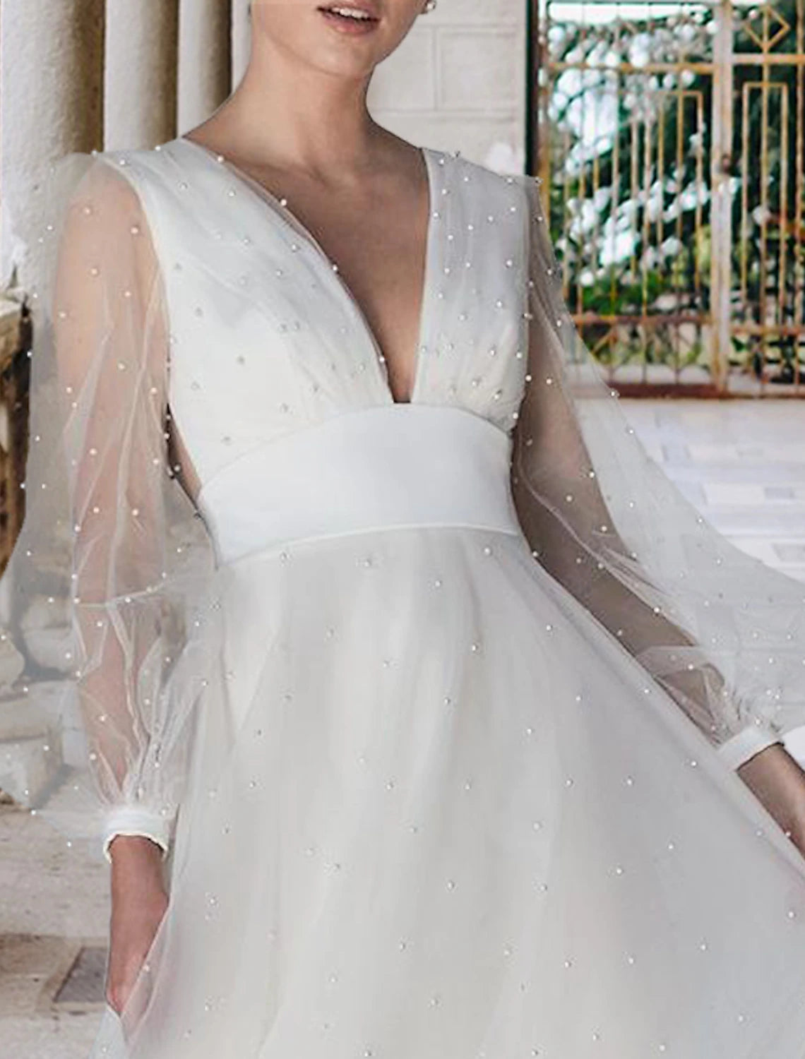 Hall Casual Wedding Dresses A-Line V Neck Long Sleeve Court Train Tulle Bridal Gowns With Pearls