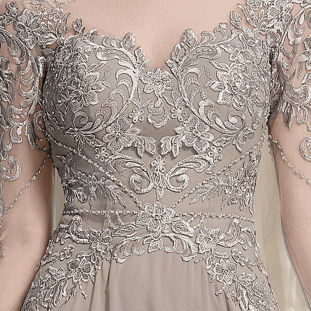 A-Line Mother of the Bride Dress Luxurious Elegant Jewel Neck Floor Length Chiffon Lace Long Sleeve with Pleats Appliques