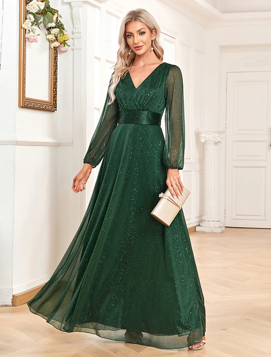 A-Line Evening Gown Sparkle & Shine Dress Formal Wedding Party Floor Length Long Sleeve V Neck Chiffon with Sequin