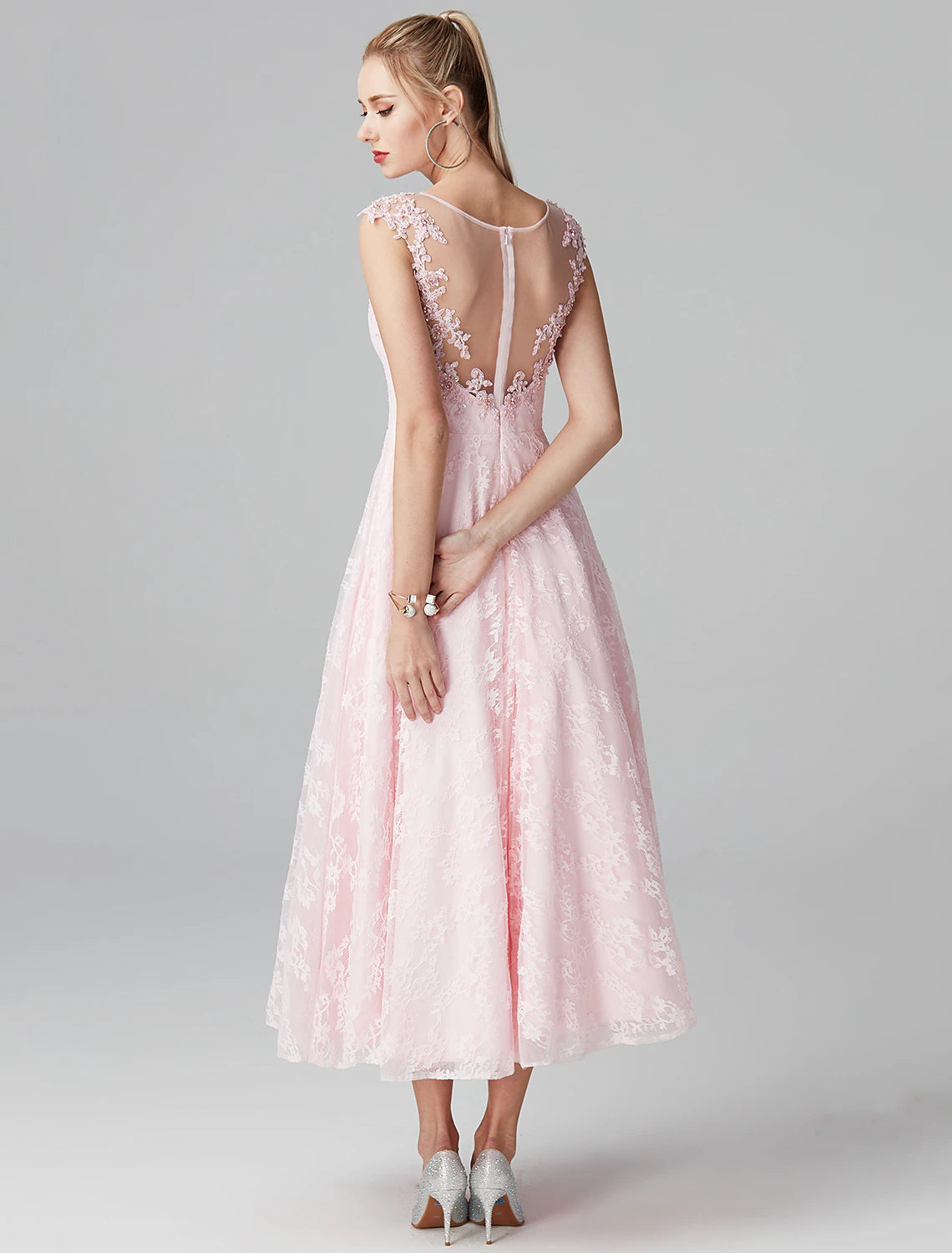 A-Line Prom Dresses Floral Dress Evening Party Ankle Length Short Sleeve Illusion Neck Lace Zipper with Appliques