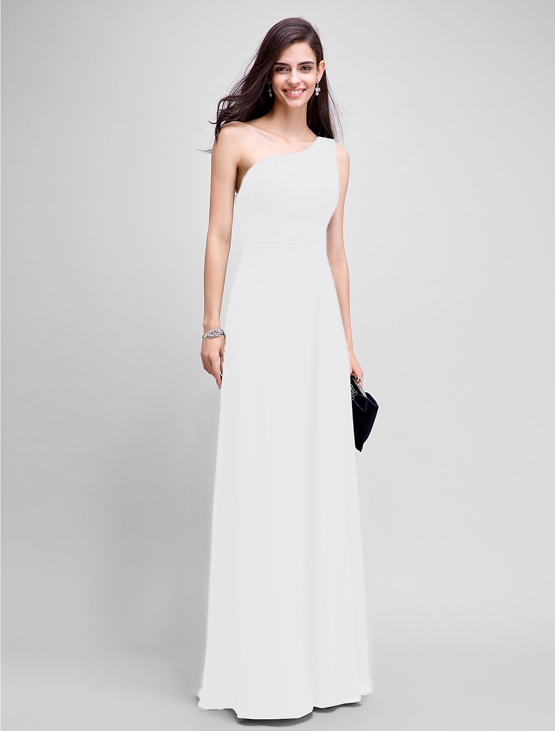 Sheath / Column Empire Dress Wedding Guest Formal Evening Floor Length Sleeveless One Shoulder Bridesmaid Dress Chiffon with Ruched Beading