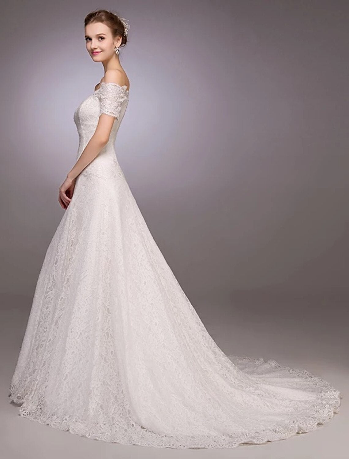 A-Line Wedding Dresses Court Train All Over Lace Illusion Detail with Lace