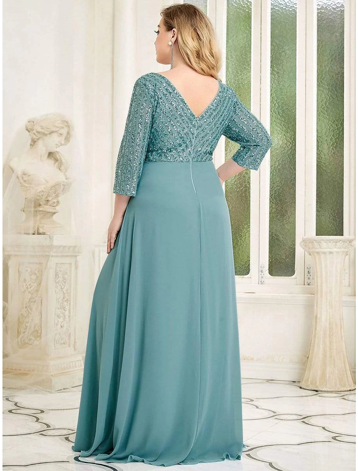 A-Line Evening Gown Plus Size Dress Wedding Guest Floor Length 3/4 Length Sleeve V Neck Chiffon V Back with Sequin