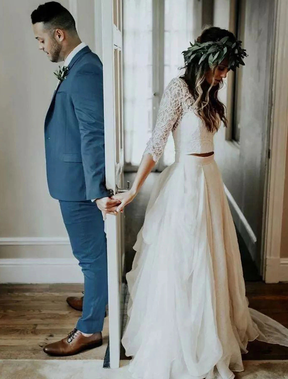 Boho Wedding Dresses Ball Gown V Neck 3/4 Length Sleeve Sweep / Brush Train Chiffon Bridal Suits Bridal Gowns With Pleats 2023 Summer Wedding Party