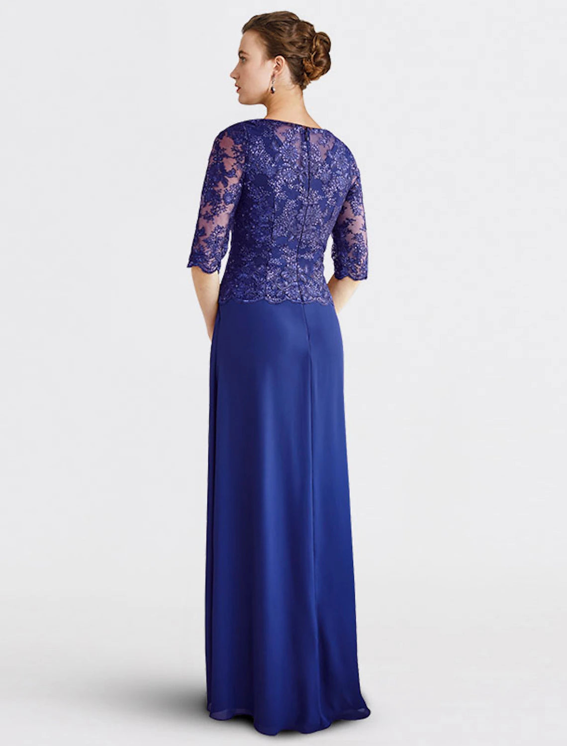 Sheath / Column Mother of the Bride Dress Plus Size Elegant Jewel Neck Floor Length Chiffon Lace Half Sleeve with Sequin Appliques