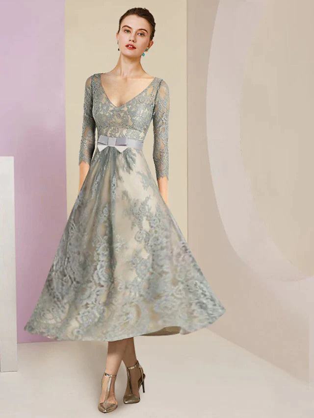 A-Line Mother of the Bride Dress Formal Party Elegant V Neck Tea Length Lace 3/4 Length Sleeve with Bow(s) Appliques