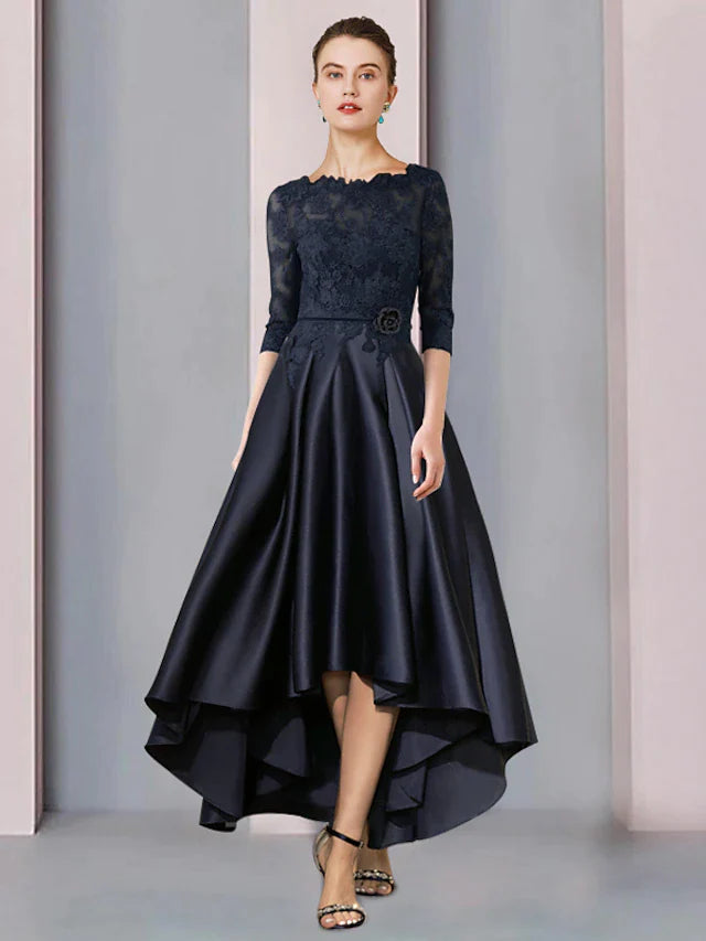 DingjiA-Line Mother of the Bride Dress Wedding Guest Elegant High Low Scoop Neck Asymmetrical Tea Length Satin Lace 3/4 Length Sleeve with Pleats Appliques Flower