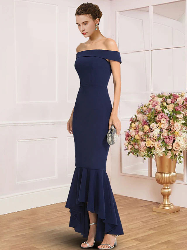 Sheath / Column Mother of the Bride Dress Wedding Guest Party Elegant Off Shoulder Asymmetrical Stretch Fabric Cap Sleeve with Pleats Solid Color