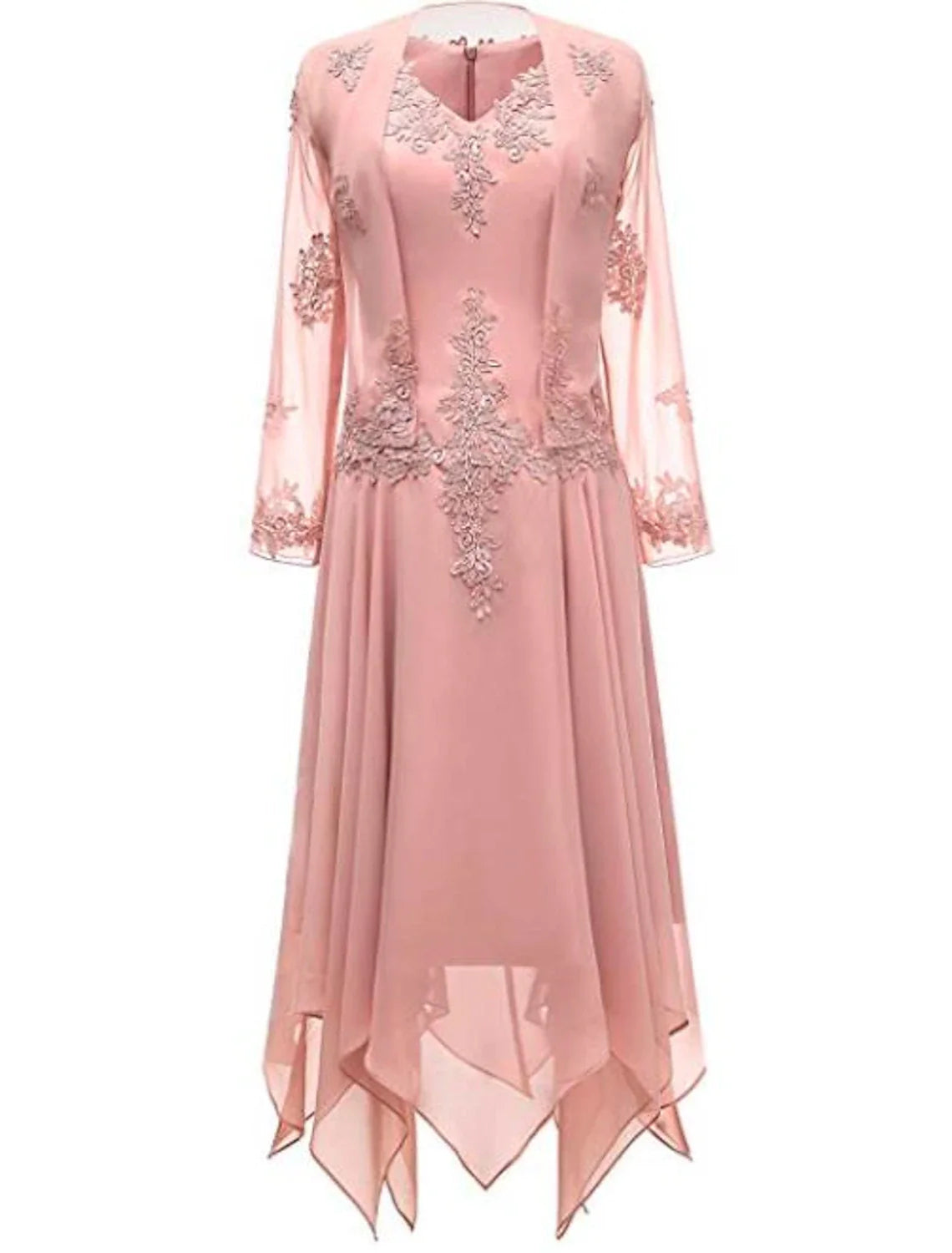 DingjiTwo Piece A-Line Mother of the Bride Dress Wedding Guest Church Wrap Included V Neck Knee Length Chiffon 3/4 Length Sleeve with Pleats Appliques