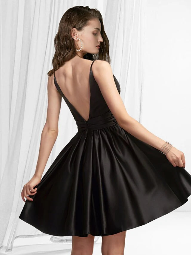 DingjiA-Line Cocktail Dresses Reformation Amante Dress Homecoming Short / Mini Sleeveless V Neck Satin with Pleats