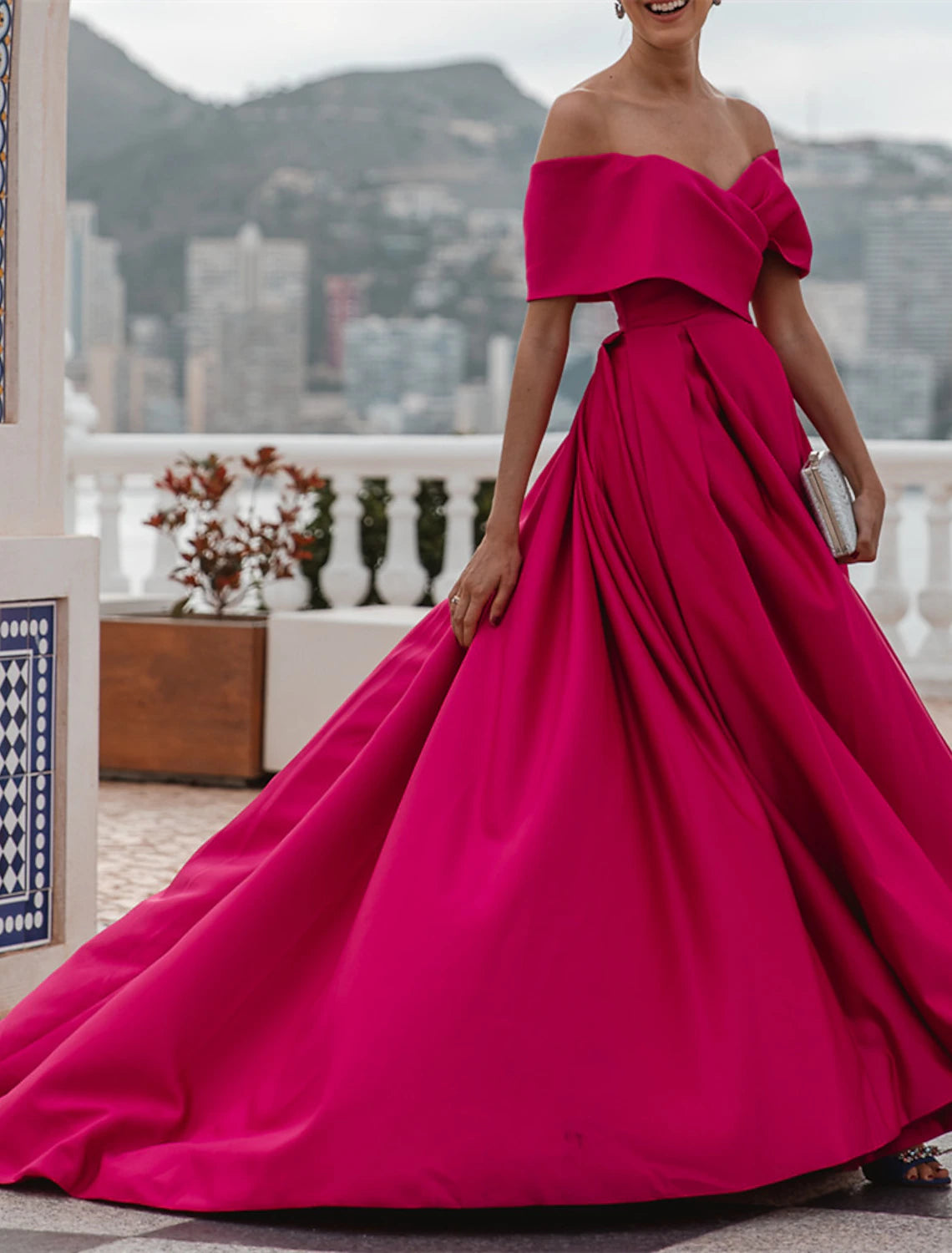 A-Line Evening Gown Party Dress Celebrity Style Dress Formal Wedding Court Train Sleeveless Off Shoulder Bridesmaid Dress Satin with Ruched Slit