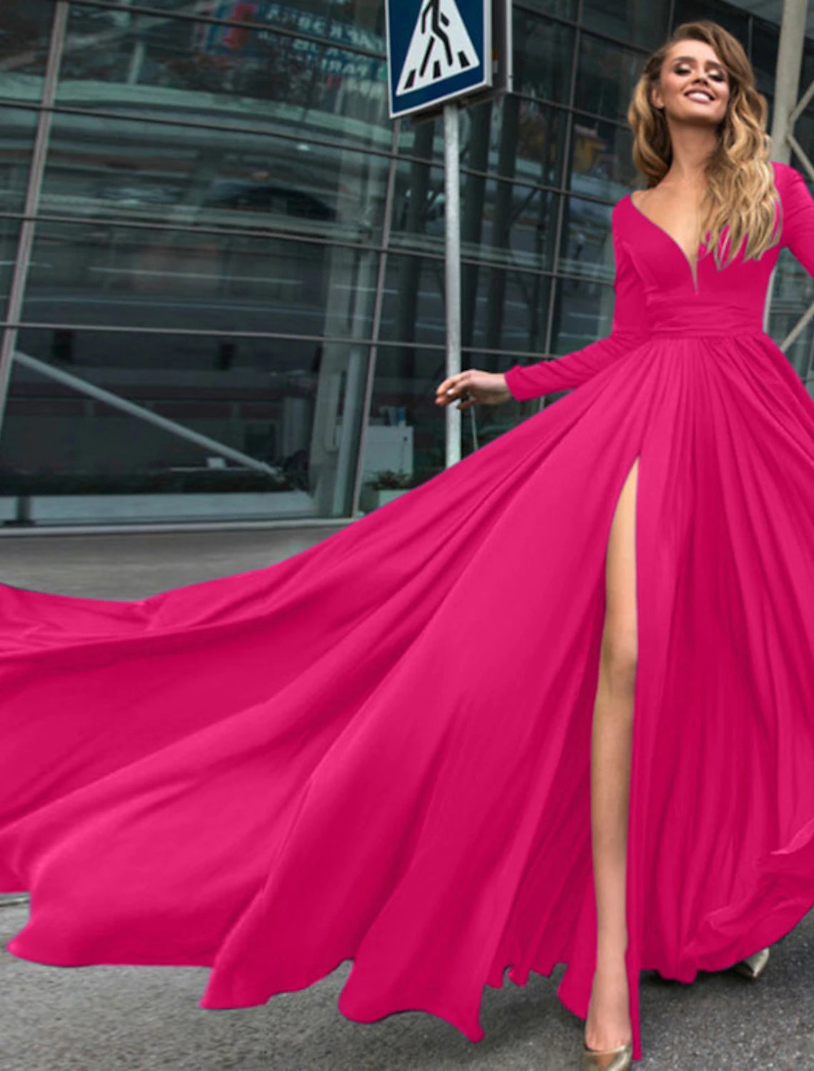 A-Line Evening Gown Empire Black Dress Holiday Wedding Guest Floor Length Long Sleeve V Neck Chiffon V Back with Slit Pure Color