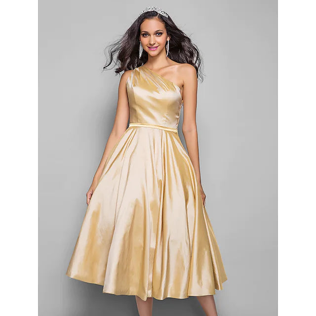DingjiA-Line Minimalist Elegant Cocktail Party Wedding Party Dress One Shoulder Sleeveless Tea Length Taffeta with Sash / Ribbon