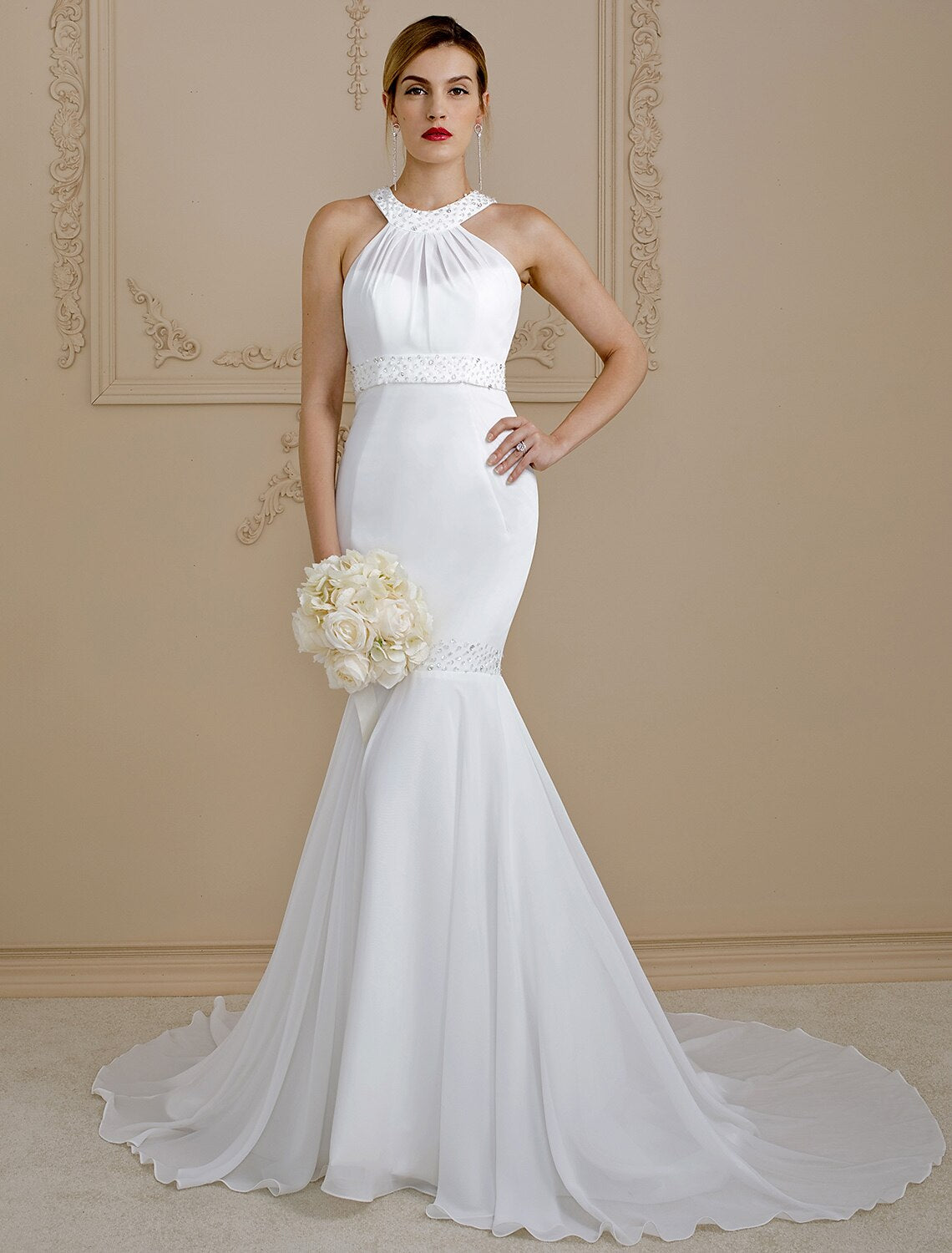 Mermaid / Trumpet Wedding Dresses Halter Neck Court Train Chiffon Regular Straps Sexy Backless with Beading