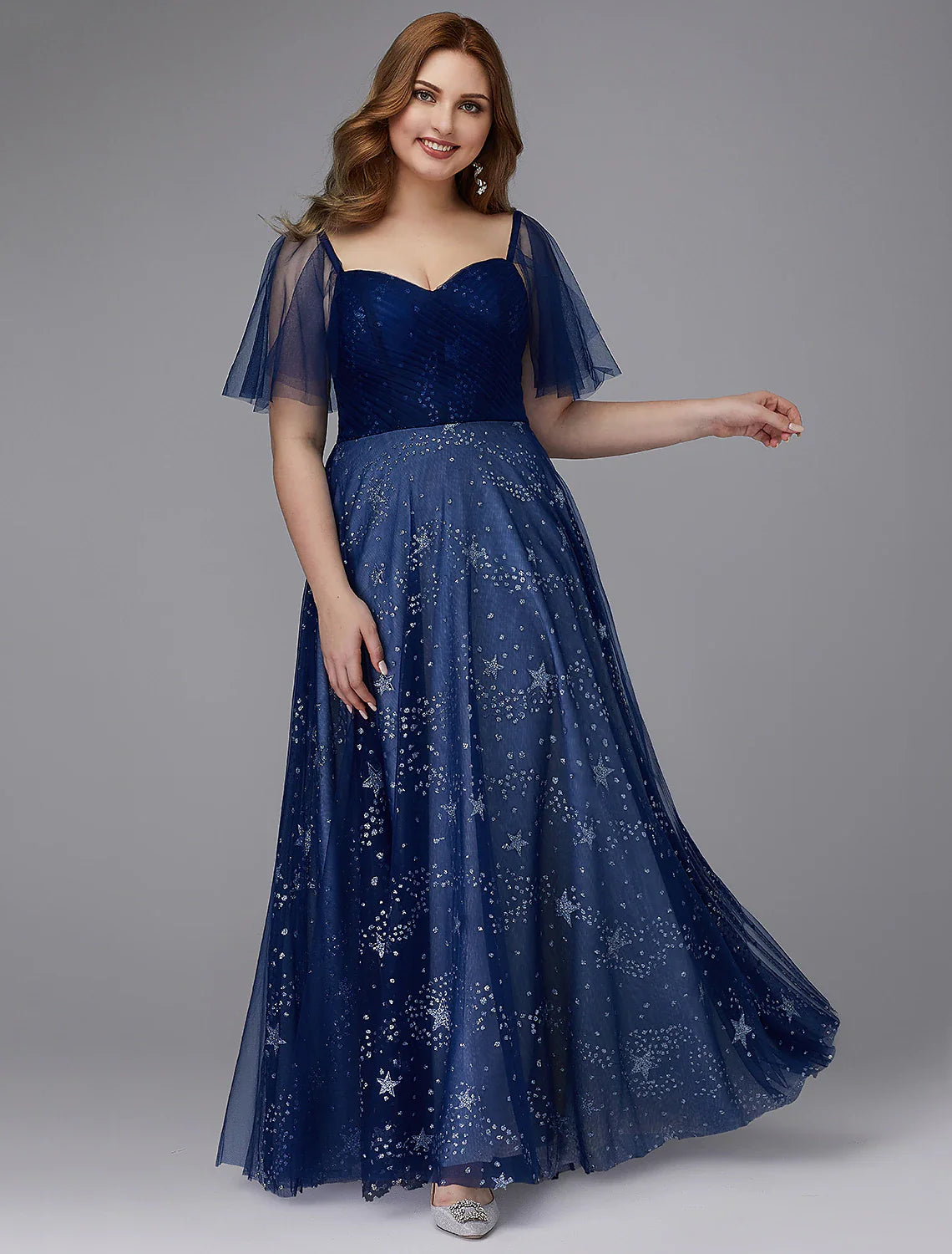 DingjiA-Line Plus Size Dress Wedding Guest Prom Floor Length Short Sleeve Sweetheart Tulle Lace-up with Beading Pattern / Print