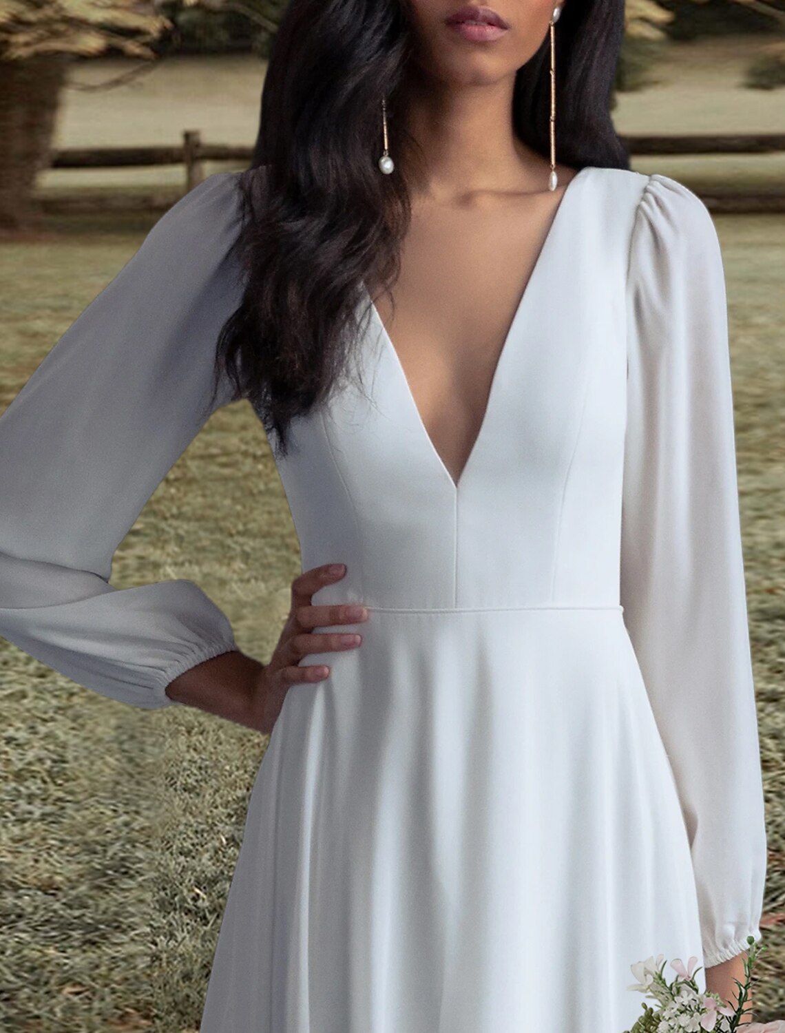 Open Back Wedding Dresses A-Line V Neck Long Sleeve Sweep / Brush Train Chiffon Bridal Gowns With Pleats