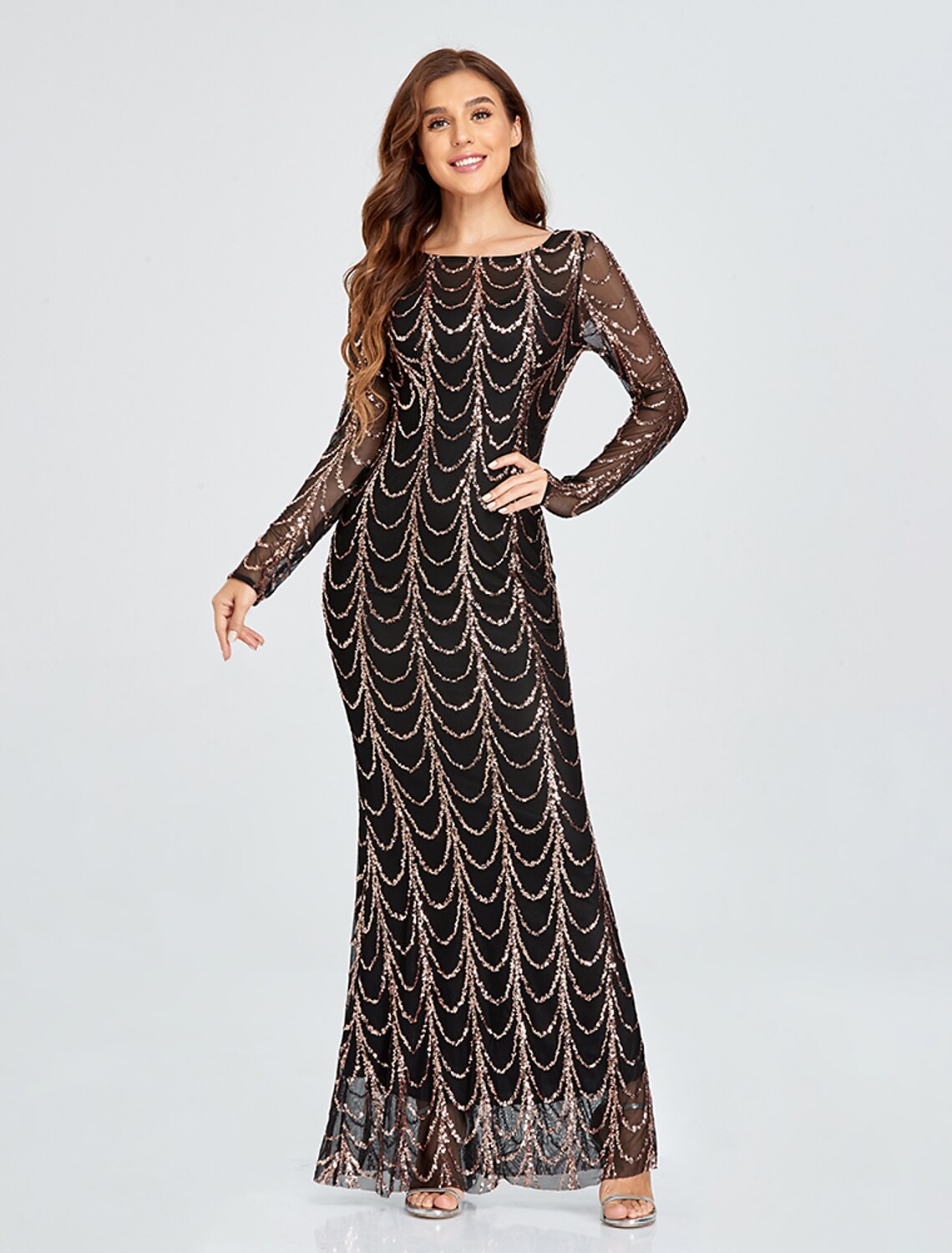 Mermaid Black Dress Evening Gown Black Dress Vintage Party Wear Formal Evening Floor Length Long Sleeve Jewel Neck Sequined with Sequin