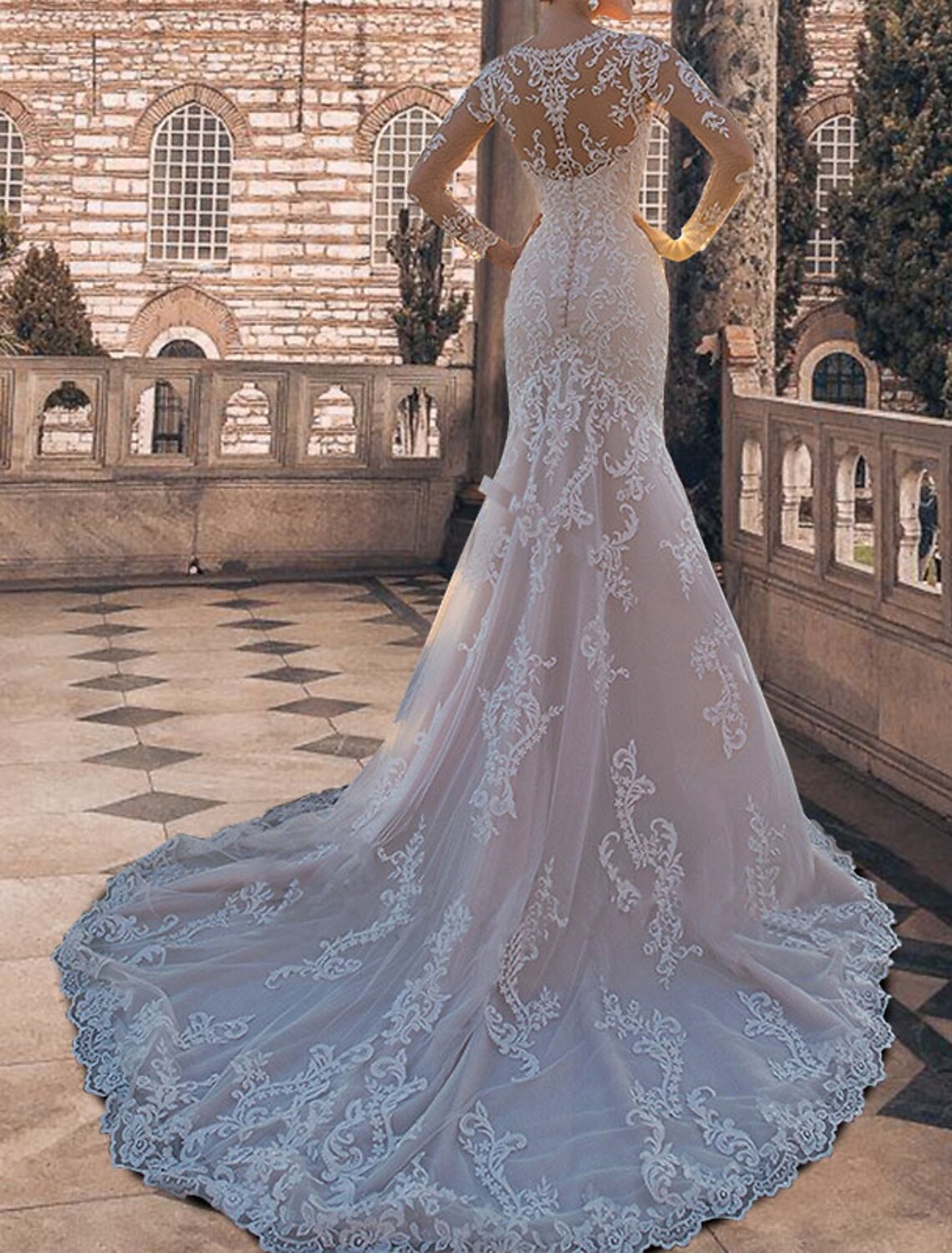 Formal Fall Wedding Dresses Mermaid / Trumpet Square Neck Sweetheart Open Back Long Sleeve Court Train Lace Bridal Gowns With Appliques Summer Wedding Party, Women‘s Clothing